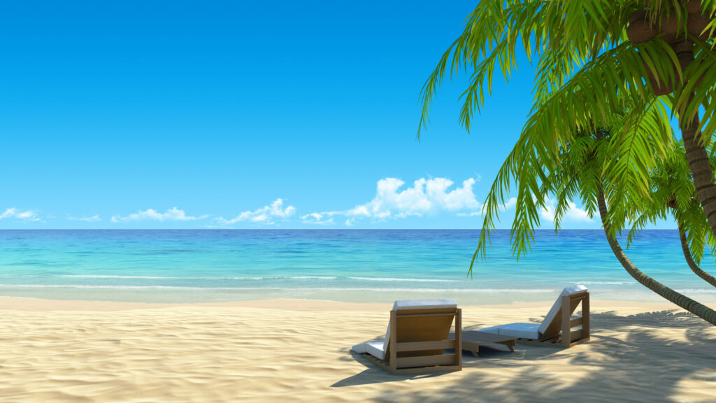 Two beach chairs on idyllic tropical white sand beach. Shadow from the ...